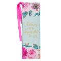Christian Art Gifts Faux Leather Bookmark: Nothing Will Be Impossible for You - Matthew 17:20 Inspirational Bible Verse, Teal/Pink Floral with Satin R