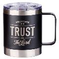 Christian Art Gifts Trust in the Lord Stainless Steel Black Mug with Proverbs 3:5 - Camp Style Travel Mug, Christian Mug for Men (11oz Double Wall Vac