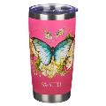 Christian Art Gifts Stainless Steel Floral Butterfly Pink Travel Mug for Women: Be Still - Psalm 46:10 Inspirational Scripture (18oz Double Wall Vacuu