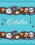October: Boo boo Halloween blue cover and dotted pages, Extra large (8.5 x 11) inches, 110 pages, White paper